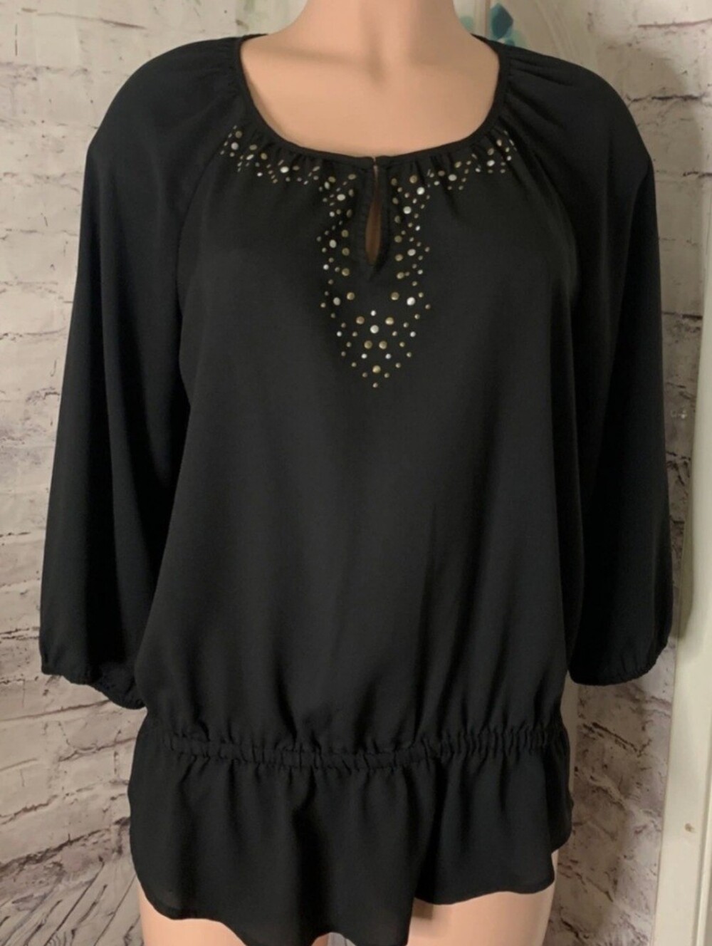 Chico's Size 1 Black Stud-Detail Long-Sleeve Women's Blouse